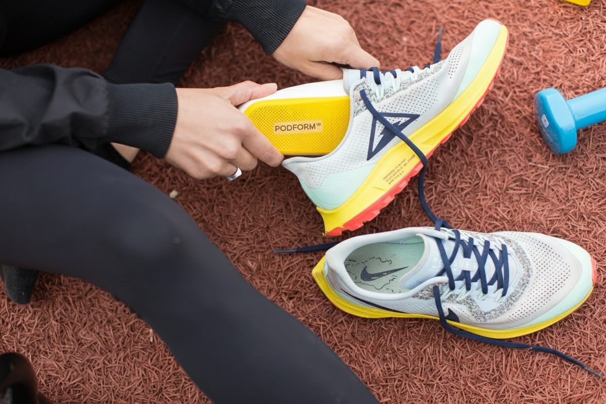 Patient wearing custom orthotics for plantar fasciitis relief during daily activity