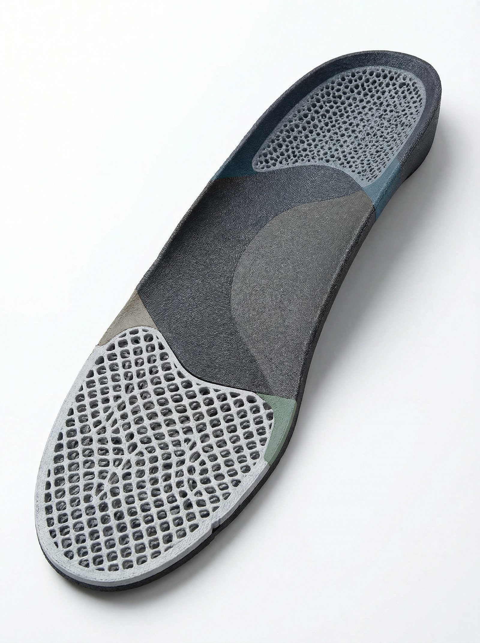 3D-printed orthotic showing multi-density zones for targeted plantar fasciitis relief