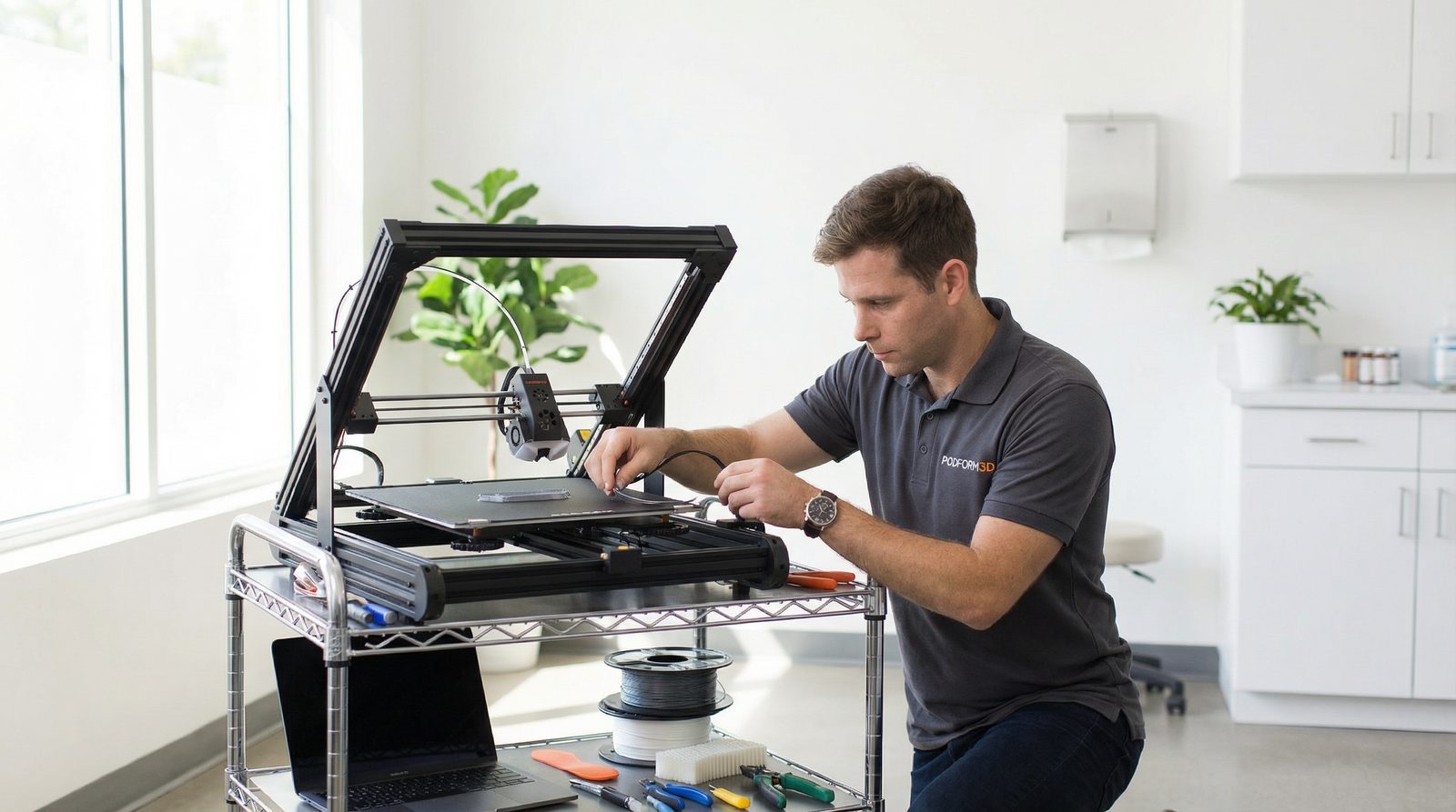 Clinic staff training on 3D orthotic printing system during onboarding setup