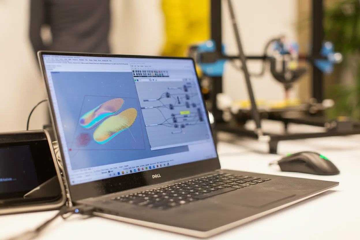 Dell laptop displaying digital foot orthotic designs with a 3D printer in the background