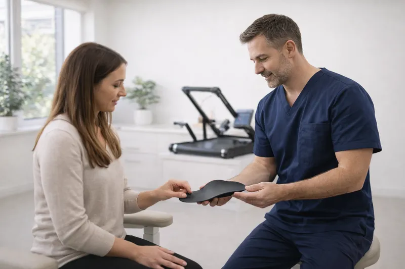 Clinician handing a custom foot orthotic to a patient in a clinic