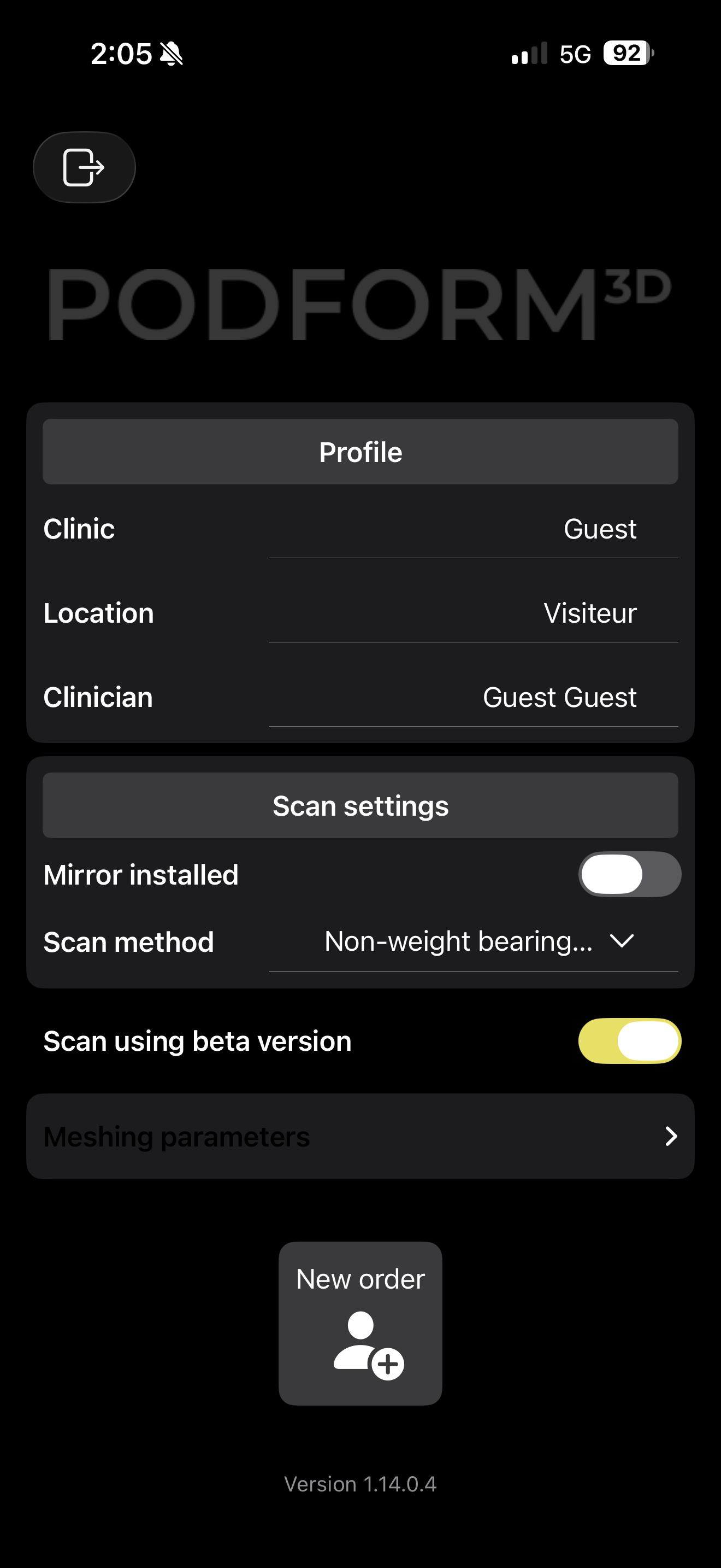 Podform3D Connect profile and scan settings screen with logout icon, clinic, location, clinician, mirror installed toggle, and scan method dropdown