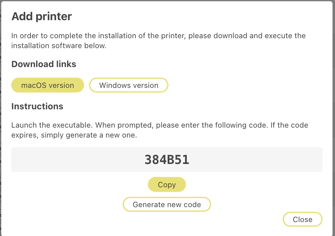 Portal Add printer dialog showing the macOS and Windows installer buttons, the activation code, and the Copy button