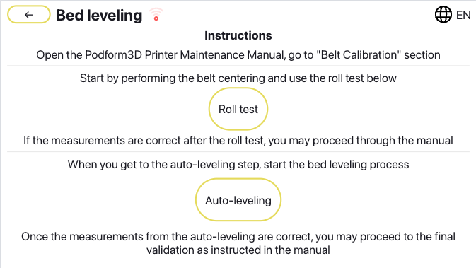 Bed leveling screen with Roll test and Auto-leveling controls