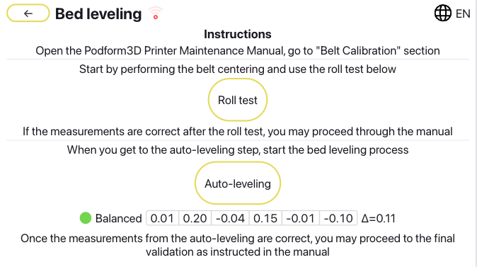 Bed mesh interface used during maintenance validation